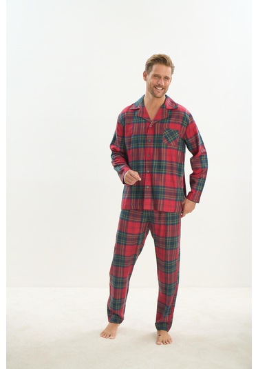 Erkek Uzun Kol Gömlek Yaka Önden Düğmeli Kırmızı Pijama Takım C1t5n5o9 001