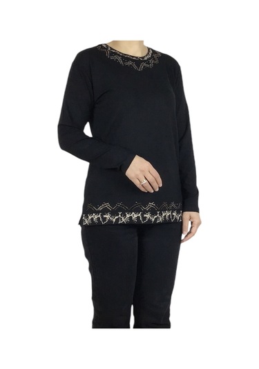 Kadın Yaka Ve Etek Desenli Taşlı Likralı Bluz-arpbattal2 siyah
