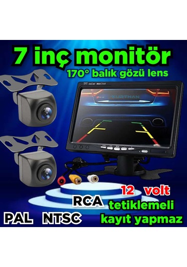 7'' Ekran + 2 Adet 170'' Geniş Açılı Kamera Set Kayıt Yapmaz 12v
