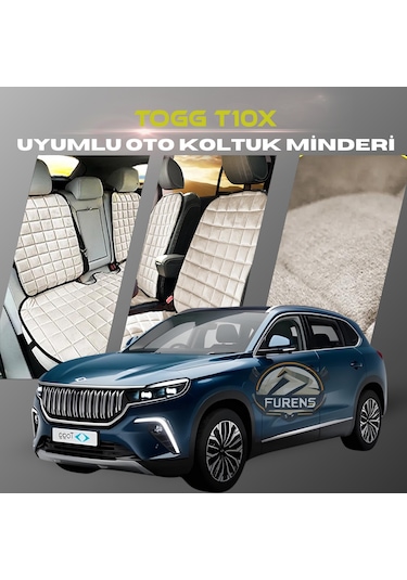 Togg T10x Bej Renk Tay Tüyü Cepli & Terletmez Sırtlı Oto Koltuk Minder Seti - Koltuk Koruma Kılıfı Ön & Arka Tam Set