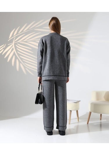 Kontrast Dikişli Kadın Triko Takım Antrasit