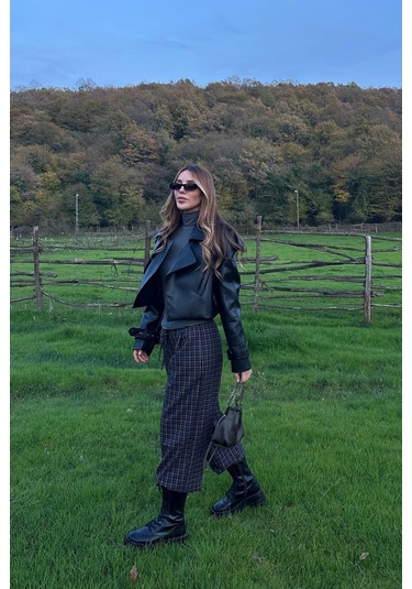 Siyah Apolet Detaylı Tasarım Deri Ceket Siyah