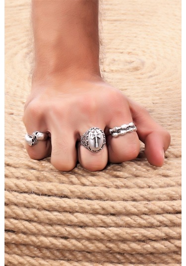 Erkek Antik Gümüş Kaplama Ayarlanabilir 3'Lü Yüzük Seti N11.11041 Gümüş