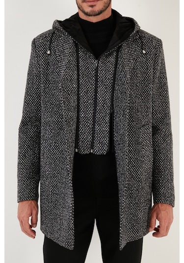 Buratti Çıkarılabilir Kapüşonlu Kırçıllı Slim Fit Kaşe Erkek Kaban 5841013 Siyah Noktalı