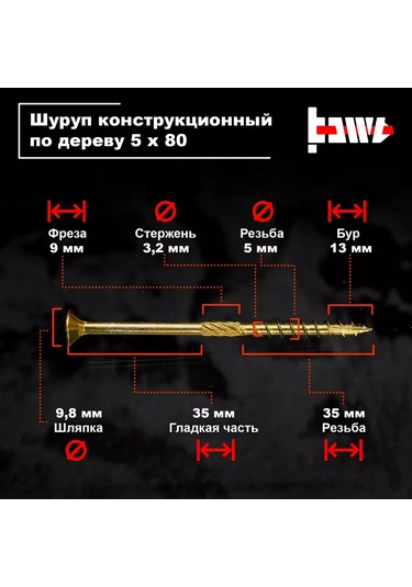 Bowt Ahşap İçin Yapı Vida 5x80 50 Adet, Galvaniz 207708256 Diğer