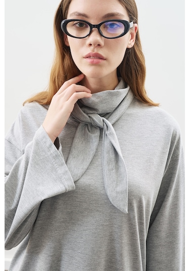 Yüksek Yaka Bağlamalı Bluz Gri Melanj Gri Melanj