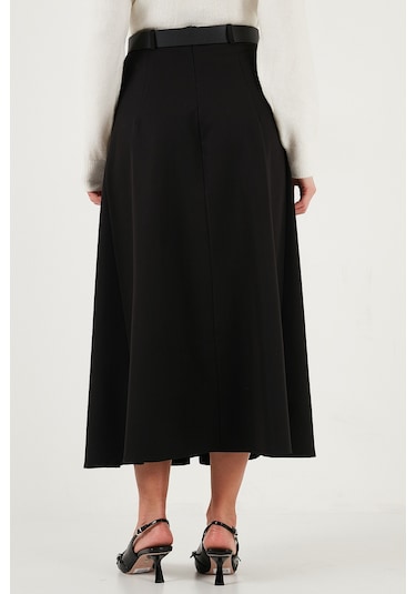 Lela Modest Kemerli Comfort Fit Yüksek Bel Pileli Kloş Uzun Tesettür Bayan Etek 6833360 Siyah