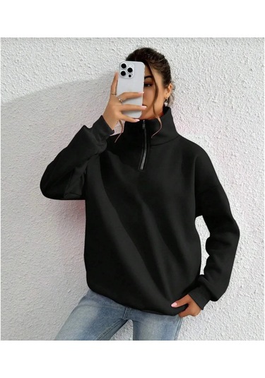 Unisex Uzun Kol Yarım Farmuarlı Yakalı Basic Sweatshirt - Siyah Siyah
