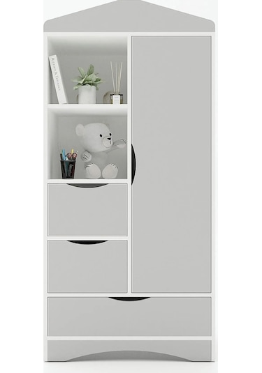Floradesign Gardırop / Elbise Dolabı / Çocuk Genç / Raflı Ve Çekmeceli Gri Beyaz