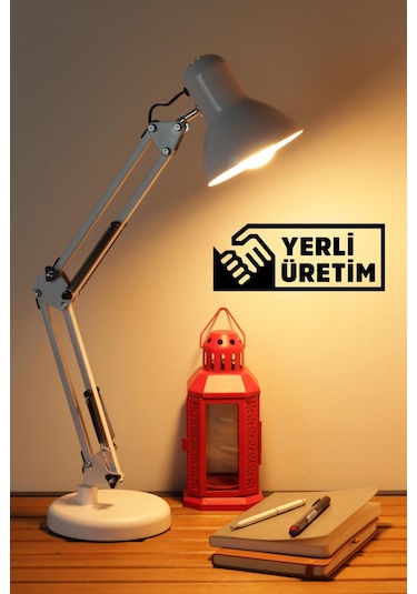 Akrobat Masa Lambası Yaylı Metal 360 Ayarlanabilir Çalışma Okuma Lambası Beyaz Beyaz