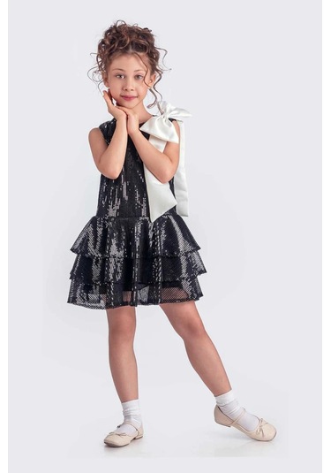 Etekli Şık Elbise Pullu 3 Kat Siyah