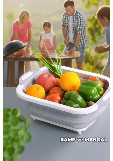 Katlanabilir Kesme Doğrama Tahtası - Yer Kaplamaz - Kamp Ve Mangala Uygun - Su Akıtma Tıpalı Beyaz - Gri