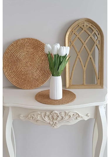 Vazoda Islak Görünümlü Yapay Beyaz Laleler Modern Dekor Aranjmanı Vazo + 8 Li Gül Beyaz