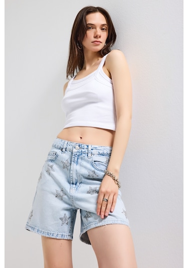 Itsbasic Kadın Kot Rengi T-4s6-3 Mom Fit Midi Boy Parlak Yıldız Taşlı Özel Tasarım Denim Şort Kot Renk
