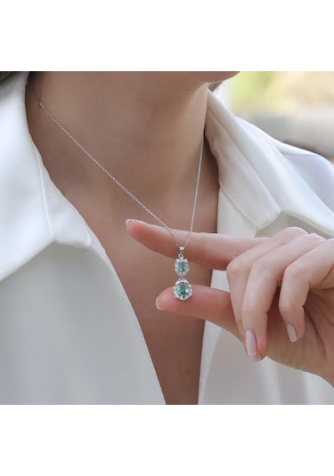 Elips Çiçek Paraiba Taşlı Gümüş Set Gümüş