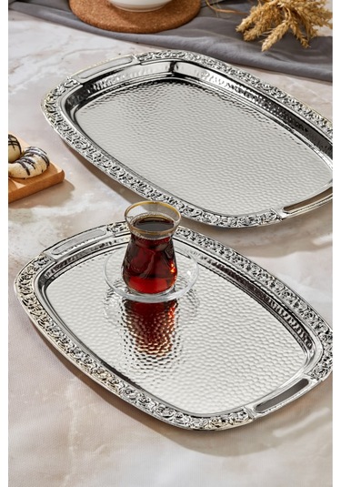 Cooker 2'li Paslanmaz Çelik Sunum Servis Tepsisi 40x70 Cm Gri