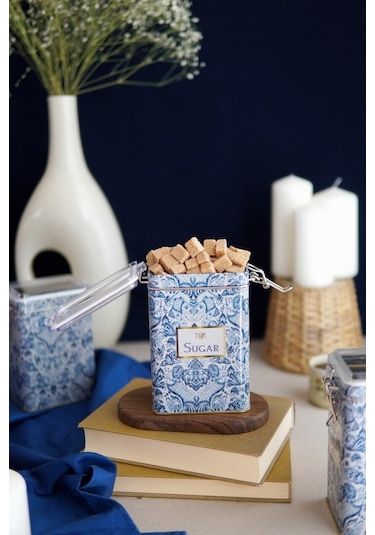 Lisbon Sugar Desenli Şeffaf Kapaklı Metal Saklama Kabı, 7,5 X 10 X 15 Cm, 1 Lt Desenli