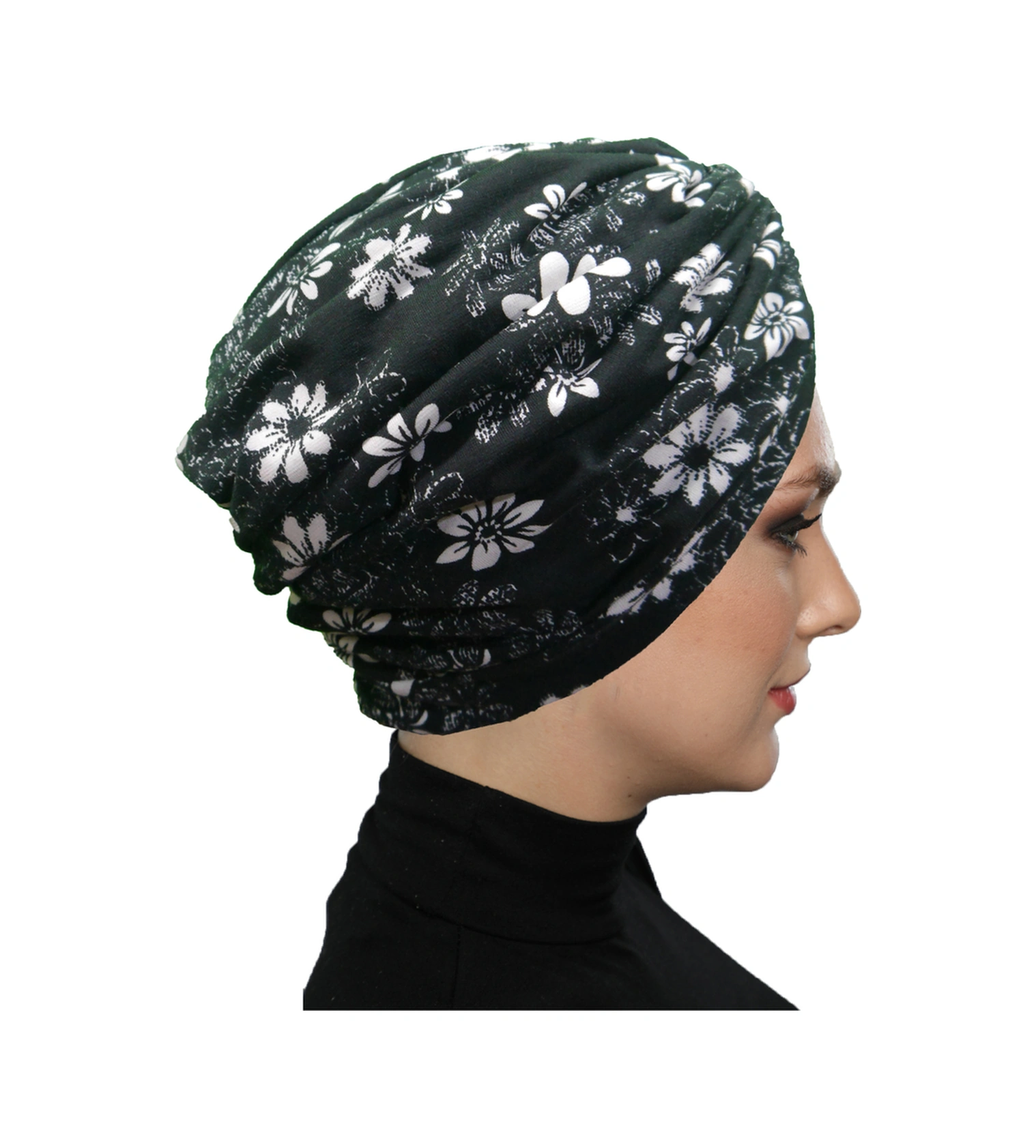 Midnight Blossom Desenli Çapraz Ve Bant Detaylı Astarlı Hazır Türban Tesettür Havuz Bonesi Siyah-ekru