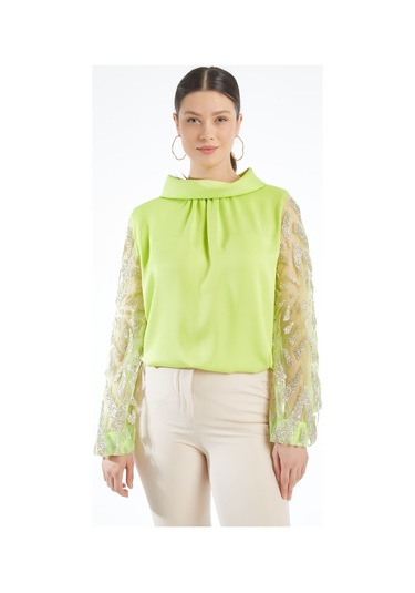 Modern Ve Şık Kadın Bluz - Transparan Taş İşlemeli Uzun Kol - Özel Gün Ve Davetler İçin Bluz Sari