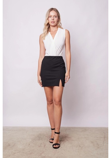 Kadın Yüksek Bel Önden Yırtmaçlı Hafif Likralı Çelik Kumaş Mini Kalem Etek Boy:44cm -siyah Siyah