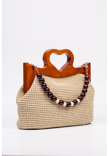 Fabric Craft Bag El Çantası Örgü Floş İplik Ahşap Saplı Açık Bej
