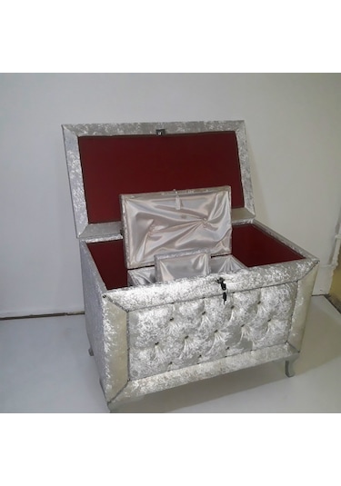 Çeyiz SANDIK Kapitone Büyük 3lü set Model KREM Kadife Kumaş İçi Kırmızı Tela Kutuda sevk El Yapım