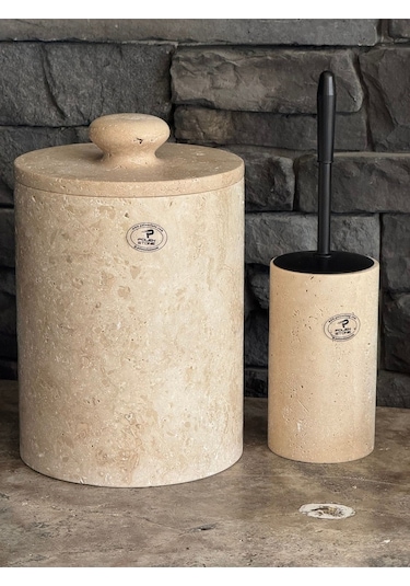 Yeni Traverten Doğaltaş Kendinden Kulplu 2 Li Banyo Takımı Büyük Çöp Kovalı 26x20 Beyaz