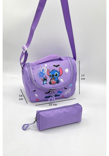 Stitch Desen Aksesuarlı Kore Tarzı Termal Beslenmeli Ve Kalemlikli Kız Çocuk Okul Sırt Çantası Seti Lila