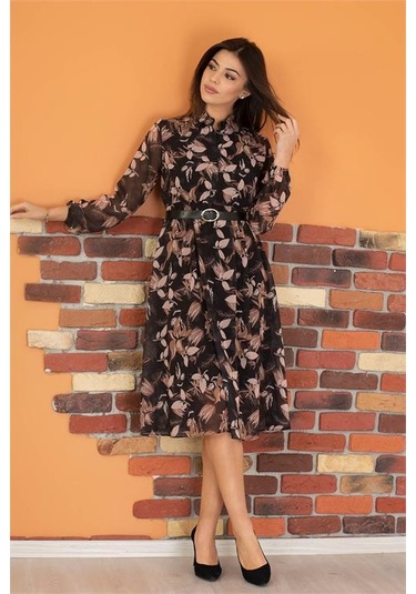 Neşeli Butik Kadın Siyah Kemerli Çiçek Desenli Şifon Elbise Ry0031 Siyah