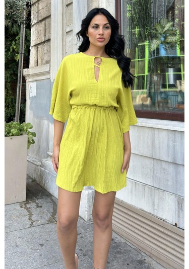 Yağ Yeşili Yaka Detaylı Lastikli Kloş Elbise Yağ Yeşili