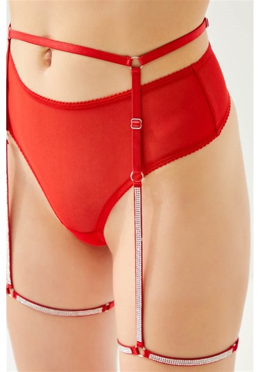 Kırmızı Ayarlanabilir Taş Detaylı Tanga Külotlu Kadın Jartiyer Kırmızı