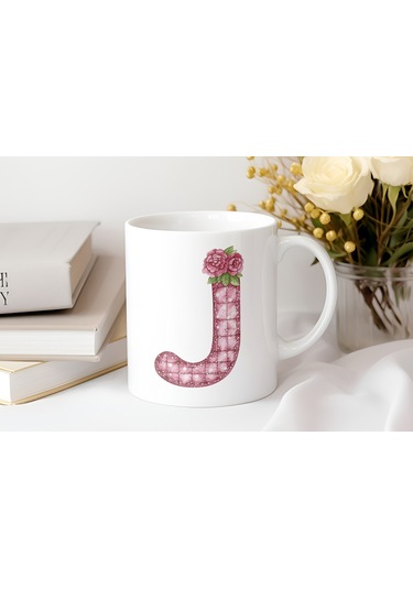 J Harfli Retro Çiçekli Kupa Bardak - Patchwork Tarz Yamalı Desenli İsme Özel Kupa - Hediye 07 Beyaz