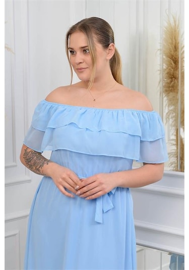 Dip Moda Kadın Şifon Kuşaklı Büyük Beden Elbise Dpnb8061 Bebe Mavisi Bebek Mavisi