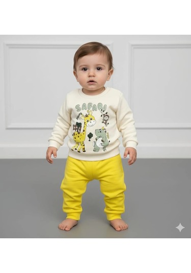 Erkek Bebek Safari Baskılı Alt Üst İkili Gündelik Takım Sari