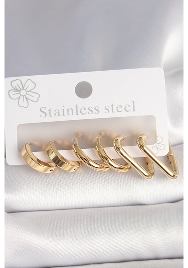 316l Çelik Gold Renk Üçgen Halka Model Kadın Küpe Seti Çok Renkli