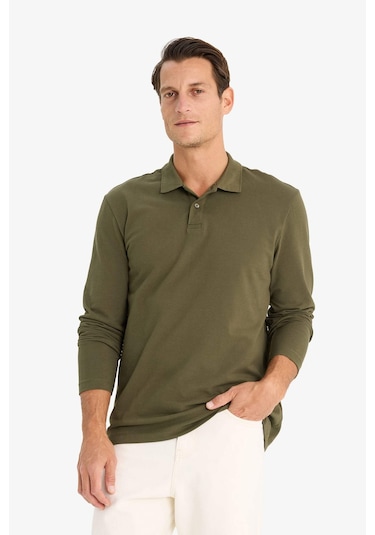 DeFacto %100 Pamuk New Regular Fit Polo Yaka Basic Düz Uzun Kollu Dokulu Pike Tişört D7530AX25SPKH438