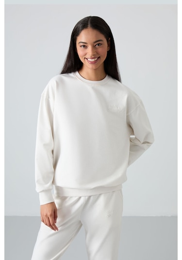 Tommy Life Ekru Basic Pamuklu O Yaka Oversize Lastik Paça Kadın Eşofman Takım - 95287 Ekru