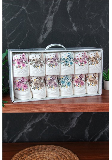 %100 Pamuklu 3d Kelebek İşlemeli 12 Li Analı Kızlı Çeyizlik Havlu Seti 50x90 Cm - 00030 Beyaz