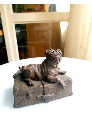 Omeniv Antika Ağır Bronz Döküm Köpek Pug Heykel Biblo Figür