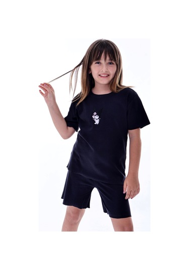 Ribana Beybi Overlok Detaylı Kuromi Nakışlı Alt-üst Takım Siyah