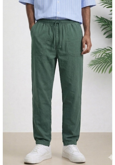 Tarz Cool Erkek Yazlık Keten Karışımı Relaxed Pantolon Haki