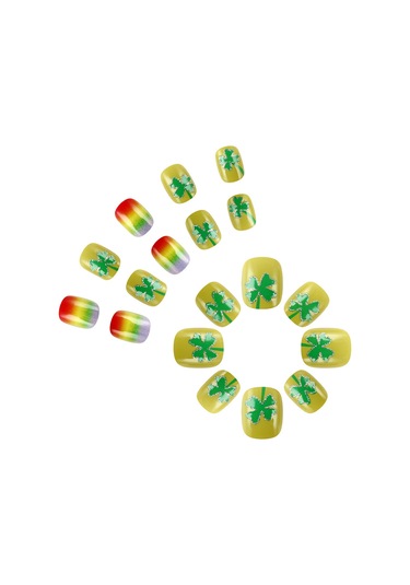 St. Patrick Günü Dört Yapraklı Yonca Gökkuşağı Giyilebilir Tırnaklar Gümüş Simli Basit Parlak Tırnak Sanatı 24 Adet Sahte Tırnak Araçlar Dahil Ys557