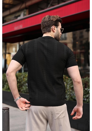 Siyah Bisiklet Yaka Slim Fit Triko Erkek Tişört E7466