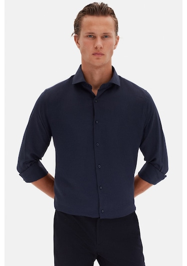 D'S Damat Ds Damat Slim Fit Lacivert İtalyan Yaka Armürlü Gömlek 2HF02ORT3185 Lacivert