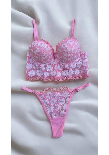 Arona Papatya Desenli Destekli Büstüyer Takım-pembe Papatya Papatya Pembe