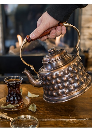 Bakır Demlik Kabartmalı Maraş Model Okstili Renk Oksitli