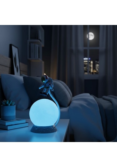 Buffer 3d Ay Üzerinde Astronot Led Gece Lambası Dokunmatik 10 Renk Değiştiren Dekoratif Ç Renkli