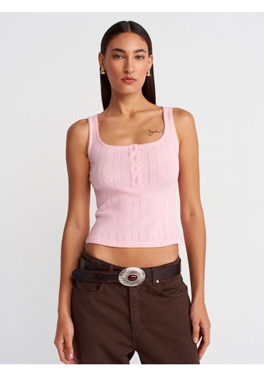 Dilvin 21069 Düğmeli Kare Yaka Top-toz Pembe Toz Pembe