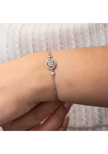 Gümüş Oval Baget Taşlı Kadın Bileklik Gümüş