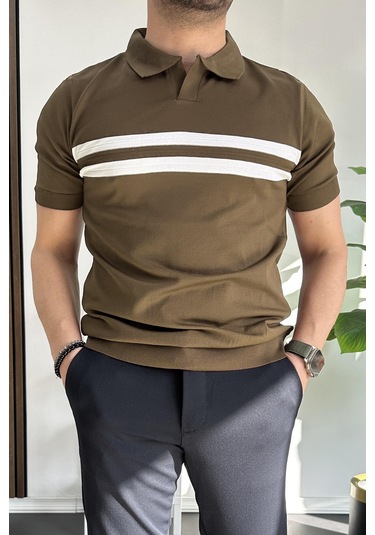 Erkek Açık Yaka Çizgli Tişört Kahverengi Edw236 Kahverengi